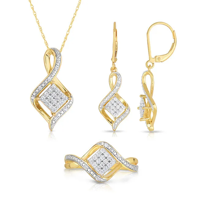 1/2 CTW Diamond Fashion Ring Earring Pendant Set 18-inch Pendant in Yellow Gold Plated Sterling Silver; Size 7