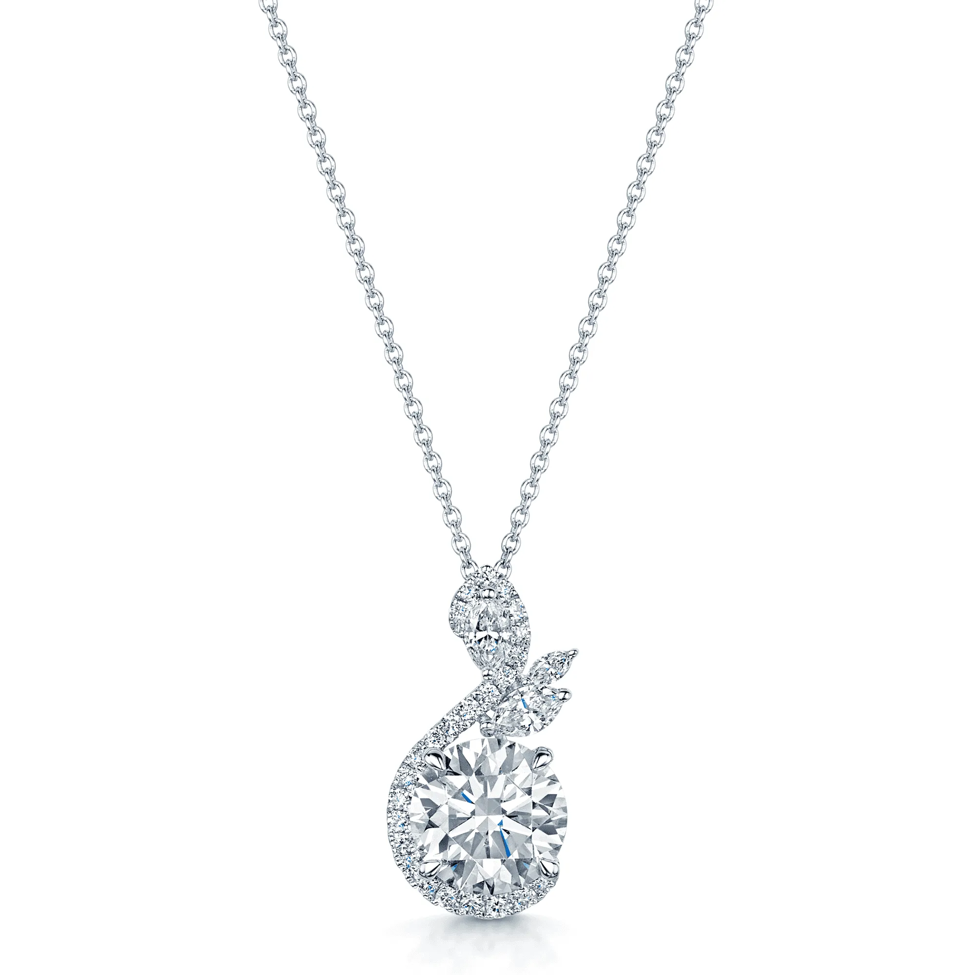 18ct White Gold GIA Certificated Round Brilliant Cut And Marquise Diamond Fancy Swirl Pendant