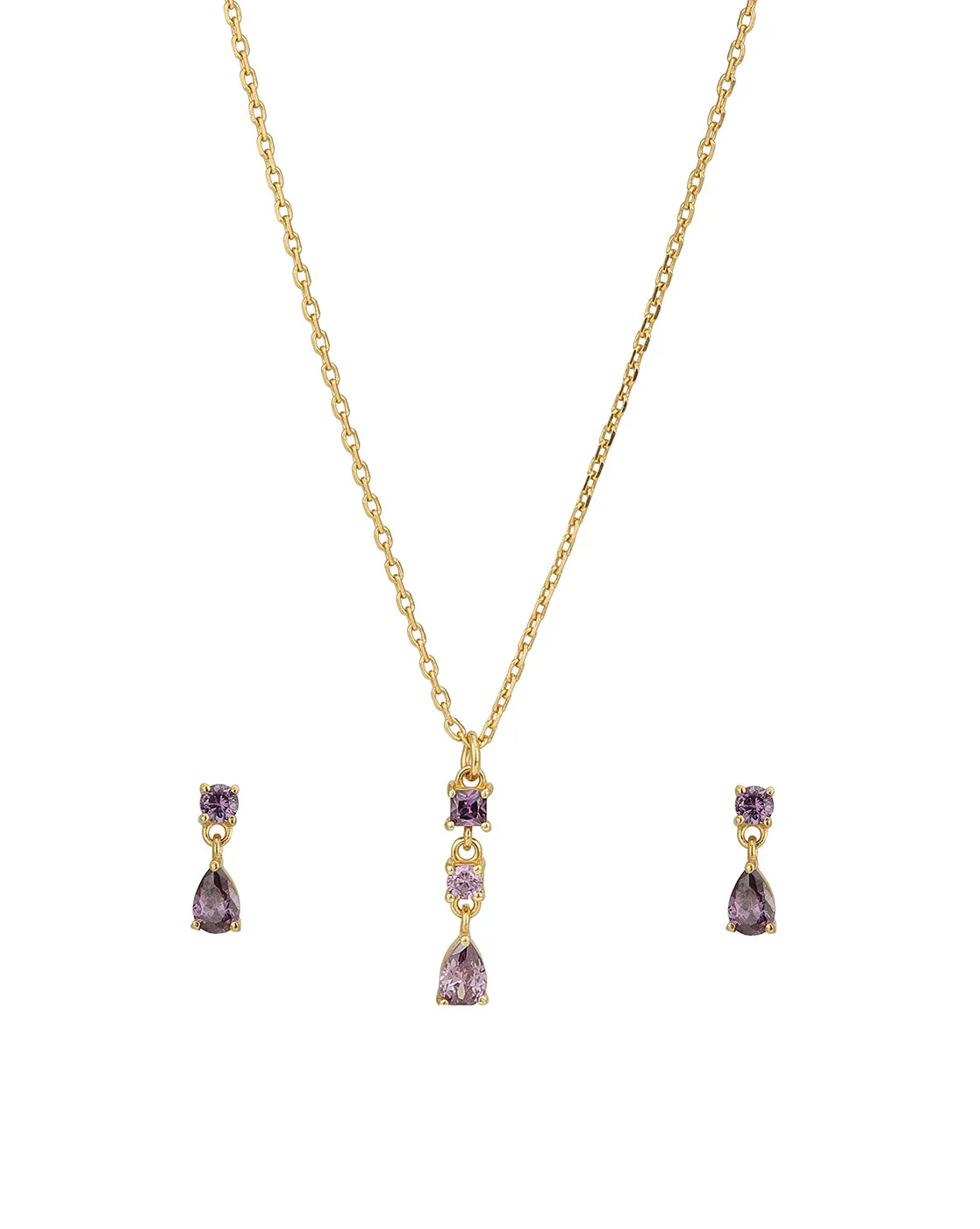 18Kt Gold Plated With Dangling Solitaire Amethyst Cz Studded Necklace With Earring Set For Women