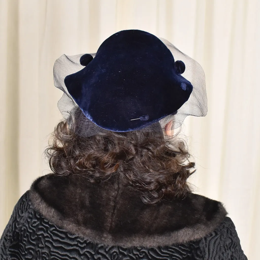 1950s Navy Velvet Vintage Curved Hat