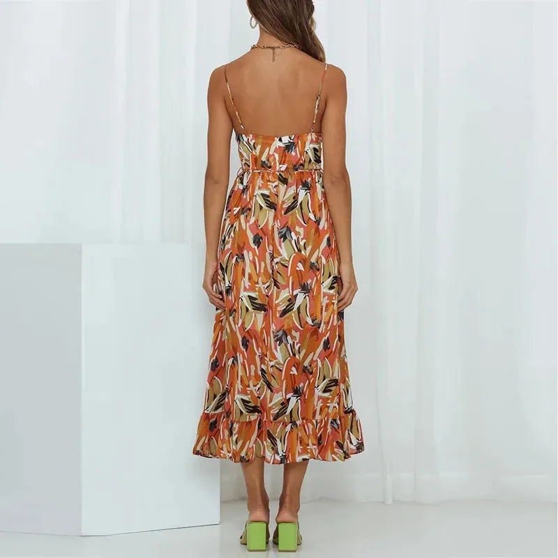 2024 Summer Fashion Elegant V-Neck Backless Sling Boho Dress