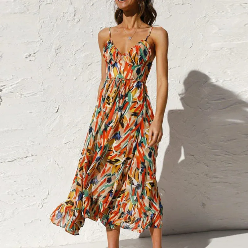 2024 Summer Fashion Elegant V-Neck Backless Sling Boho Dress