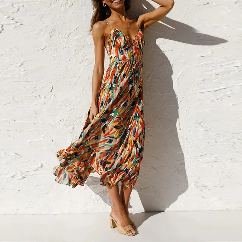 2024 Summer Fashion Elegant V-Neck Backless Sling Boho Dress