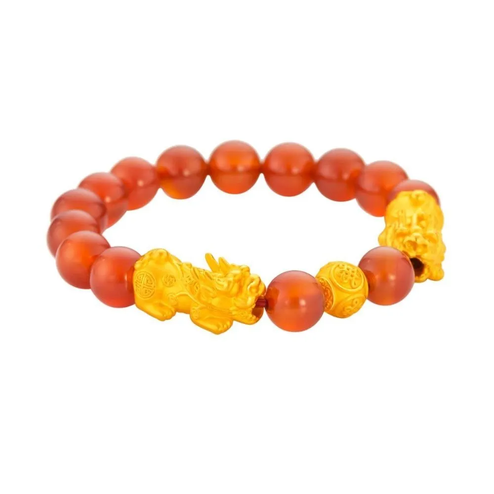 999 Pure Gold Double Pixiu (貔貅) with Wealth Ball and Red Agate Bracelet