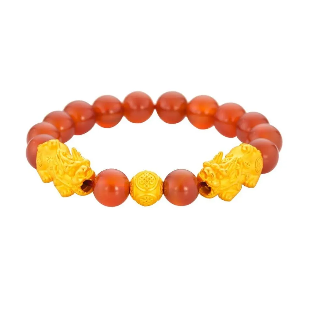 999 Pure Gold Double Pixiu (貔貅) with Wealth Ball and Red Agate Bracelet