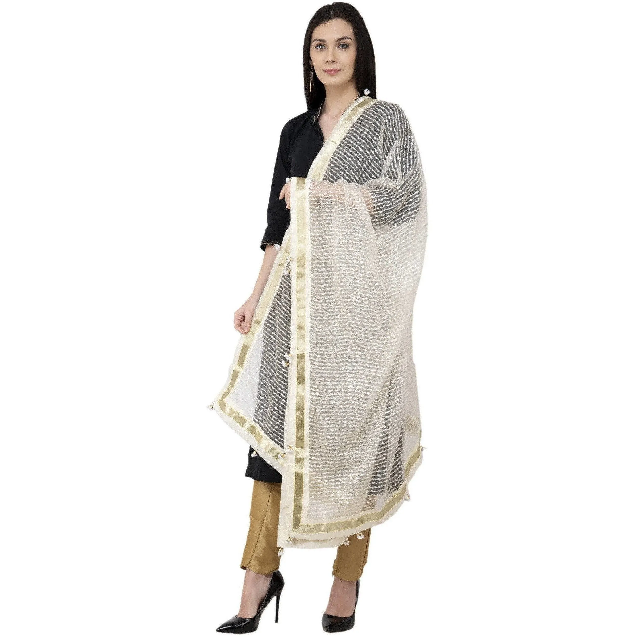 A R Silk Payal Pum Pum Fancy Dupatta Off White Color Dupatta or Chunni