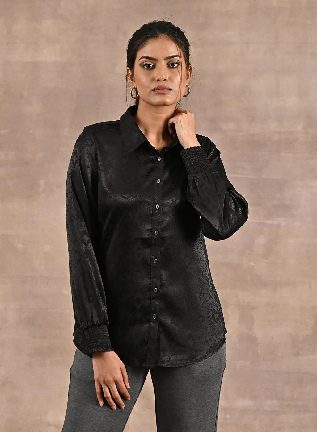 Black Aztec Printed Satin Shirt with Gathered Sleeves