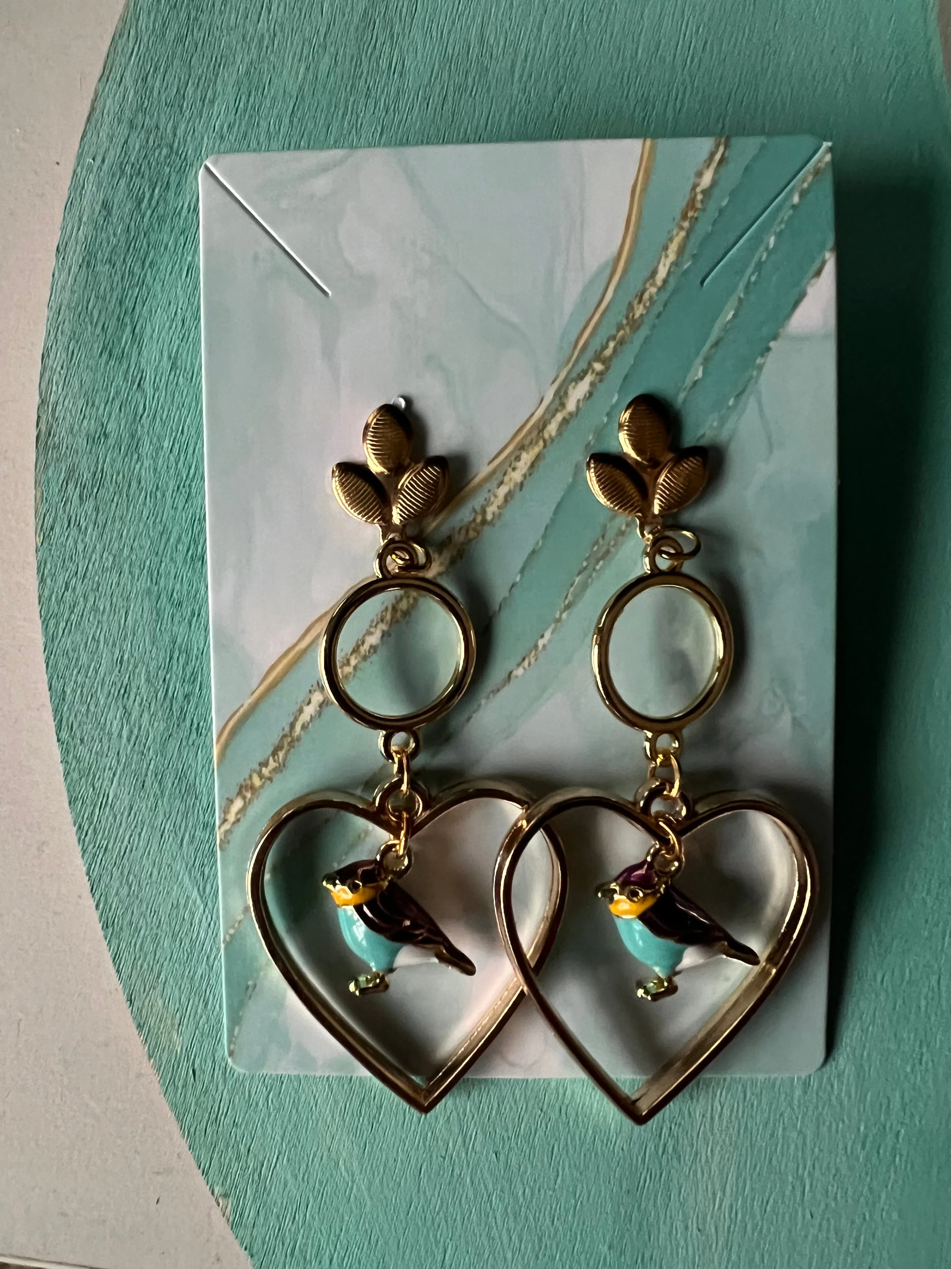 Bluebird Heart-Shaped Handmade Earrings in Gold Open Frame