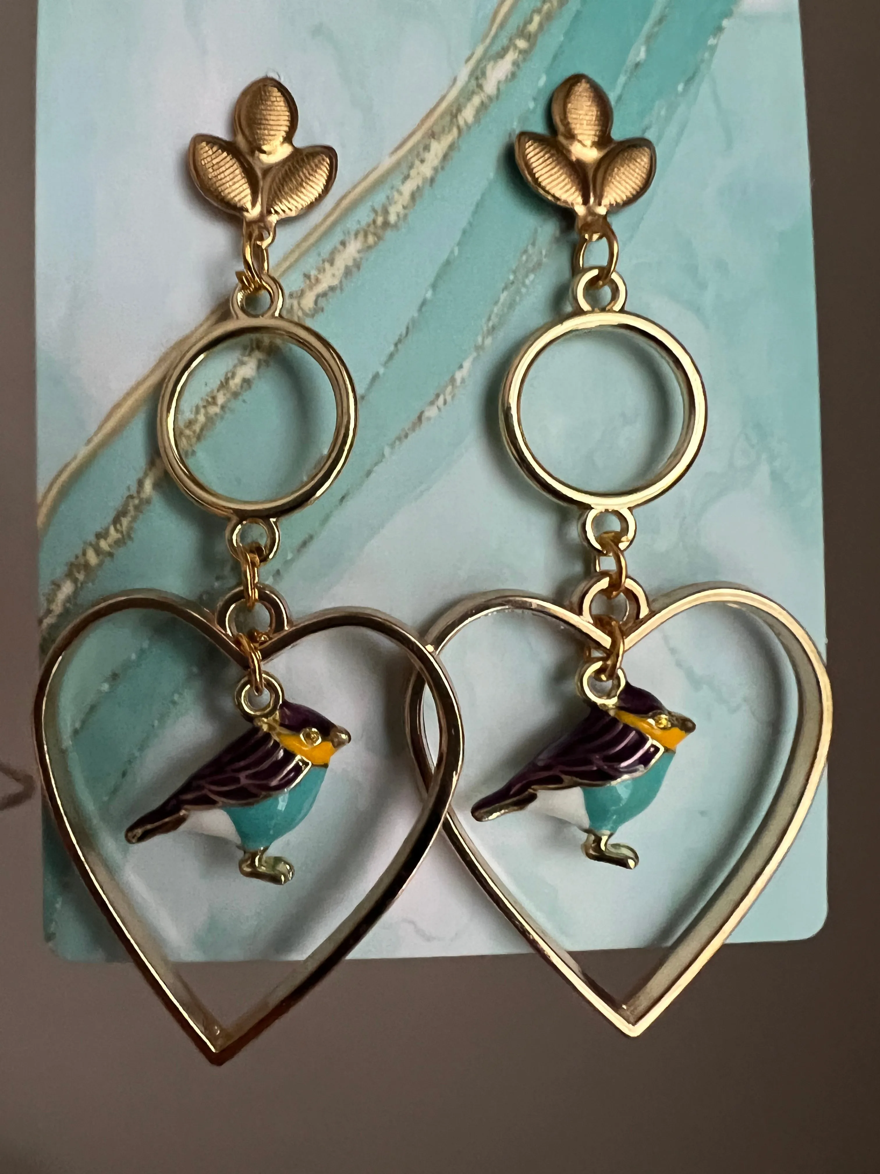 Bluebird Heart-Shaped Handmade Earrings in Gold Open Frame