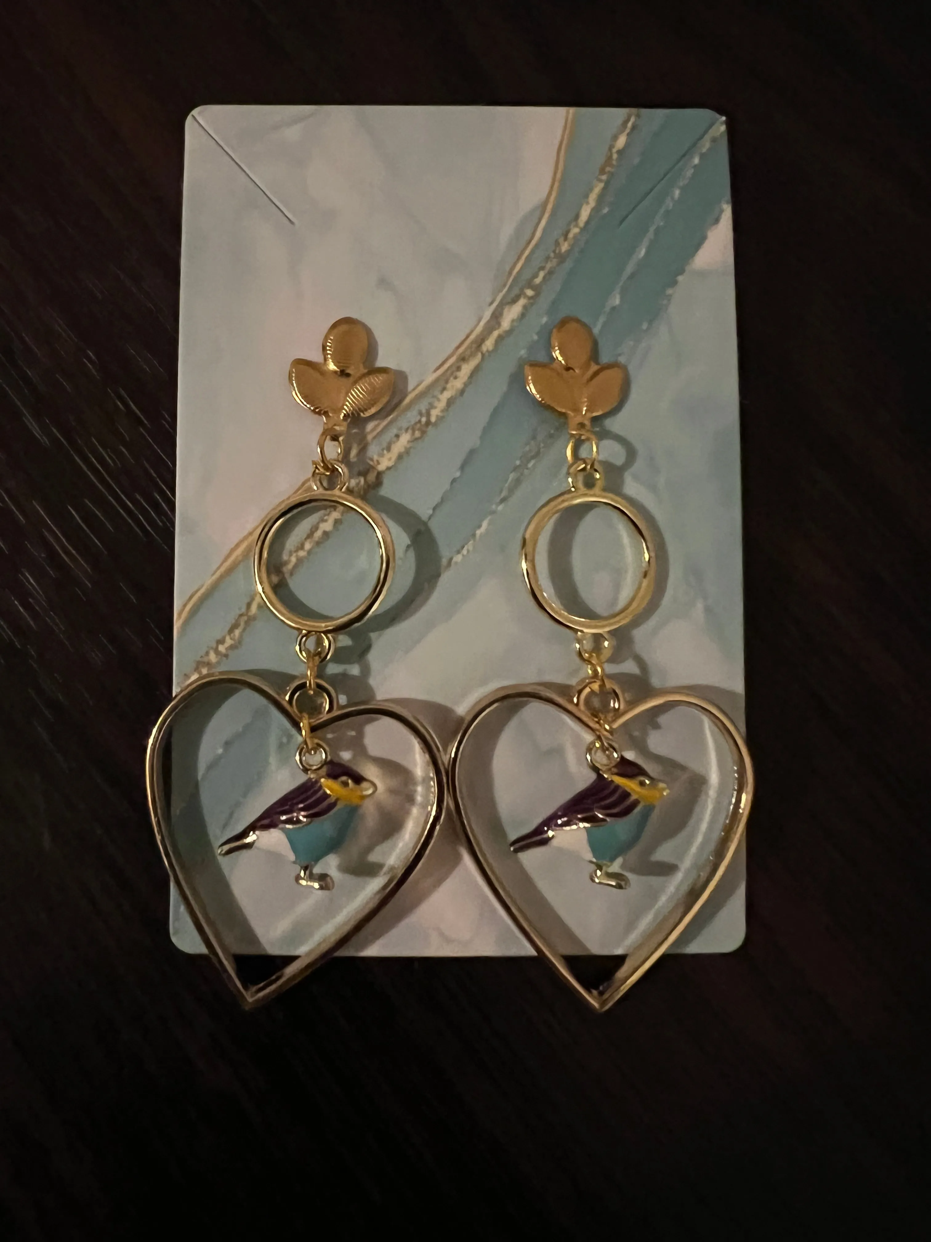 Bluebird Heart-Shaped Handmade Earrings in Gold Open Frame