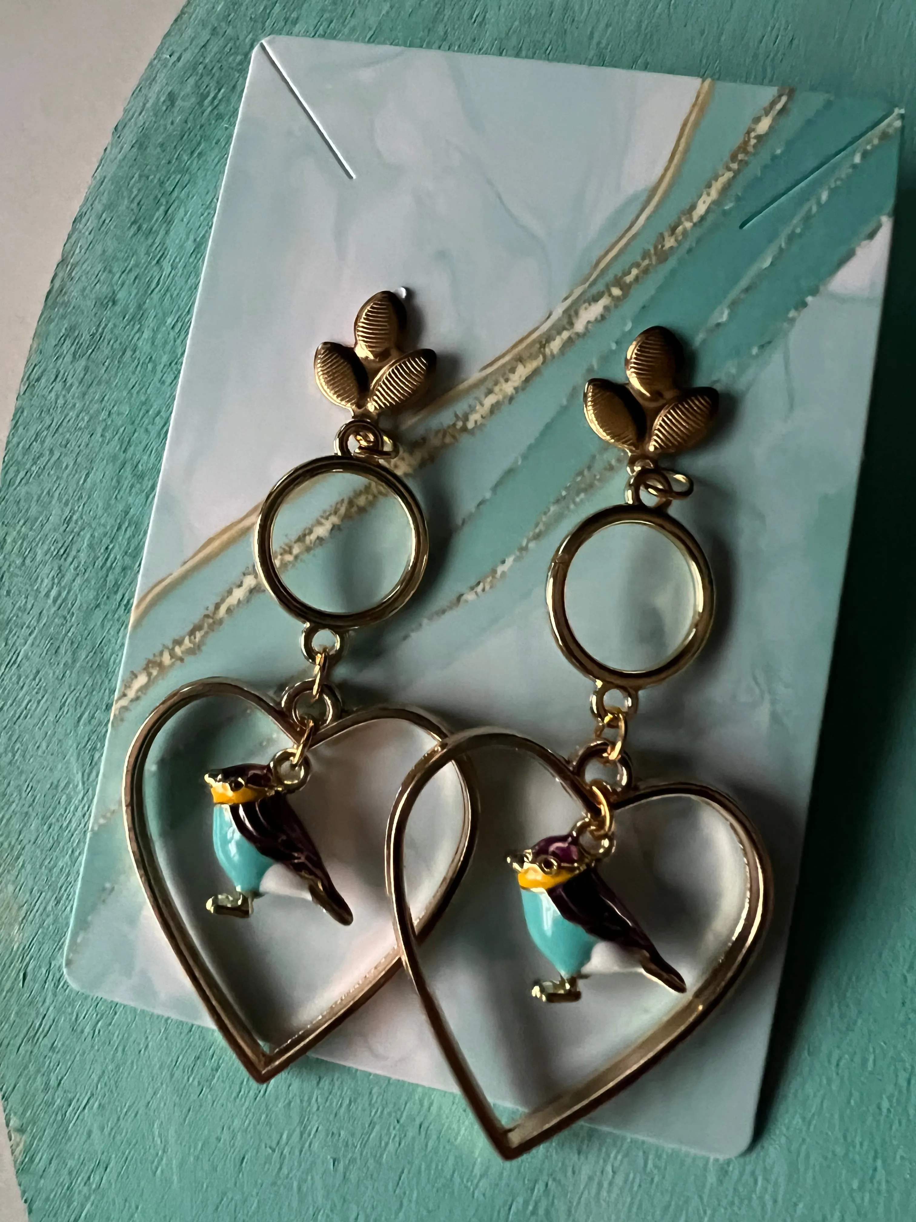 Bluebird Heart-Shaped Handmade Earrings in Gold Open Frame