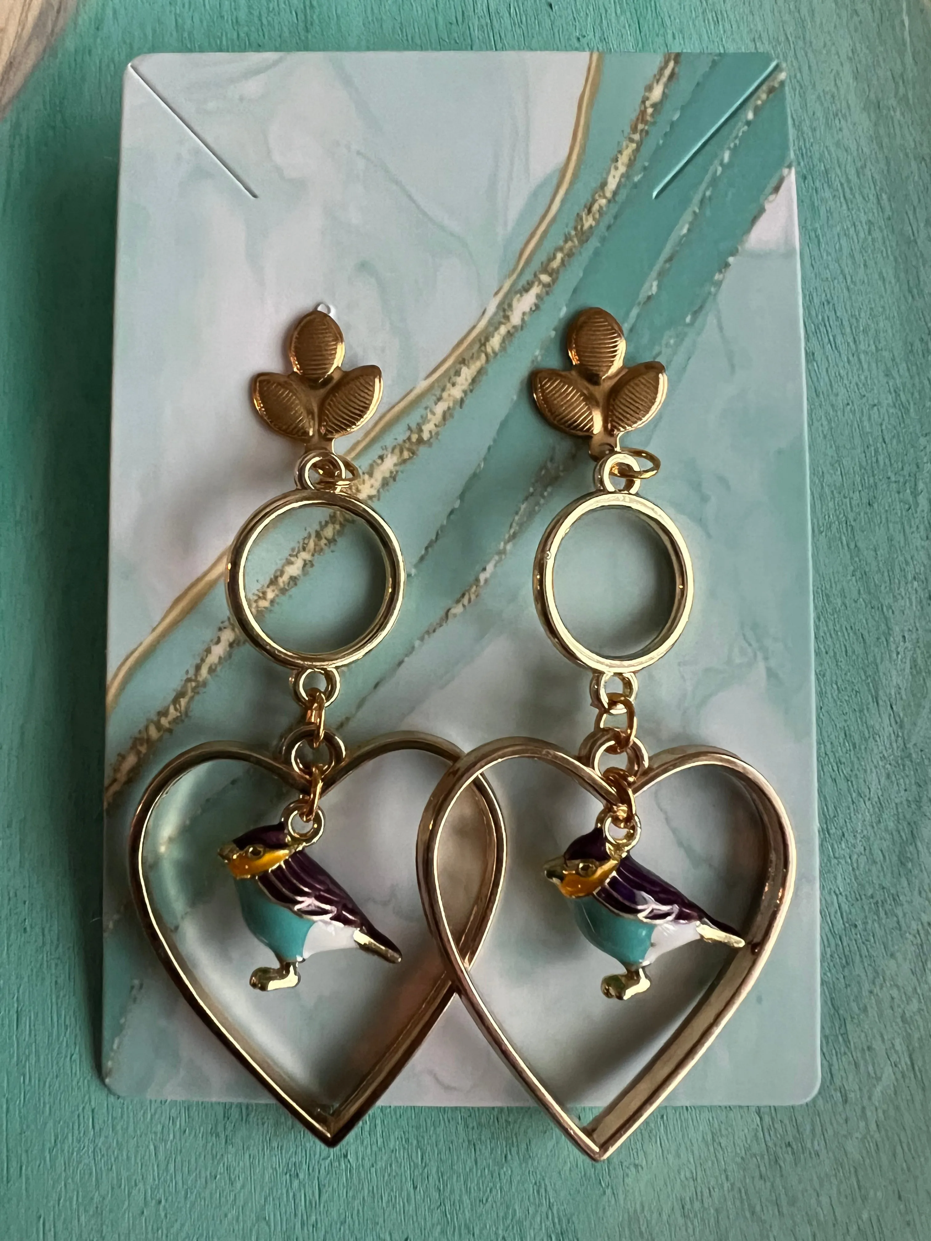 Bluebird Heart-Shaped Handmade Earrings in Gold Open Frame