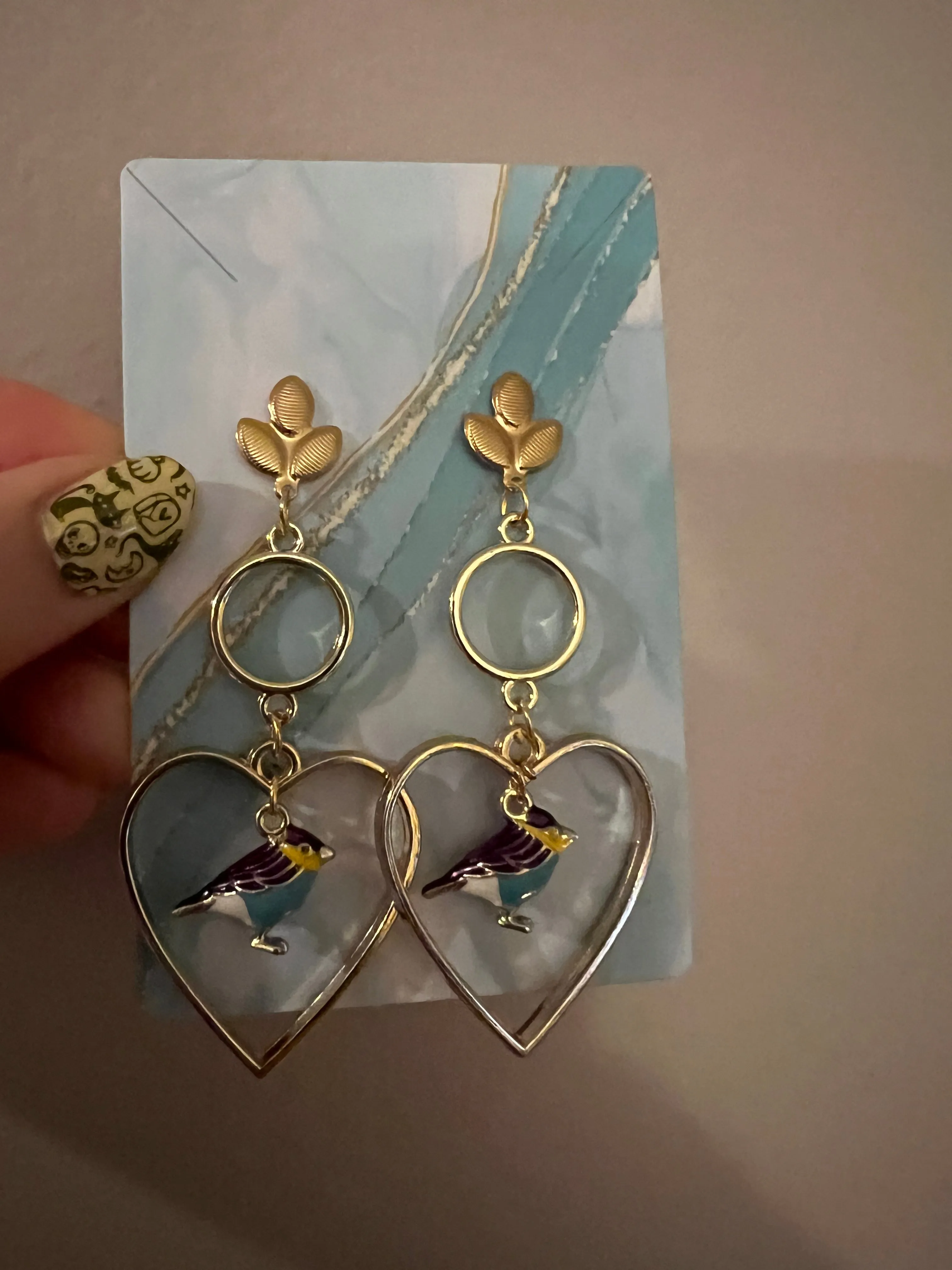 Bluebird Heart-Shaped Handmade Earrings in Gold Open Frame