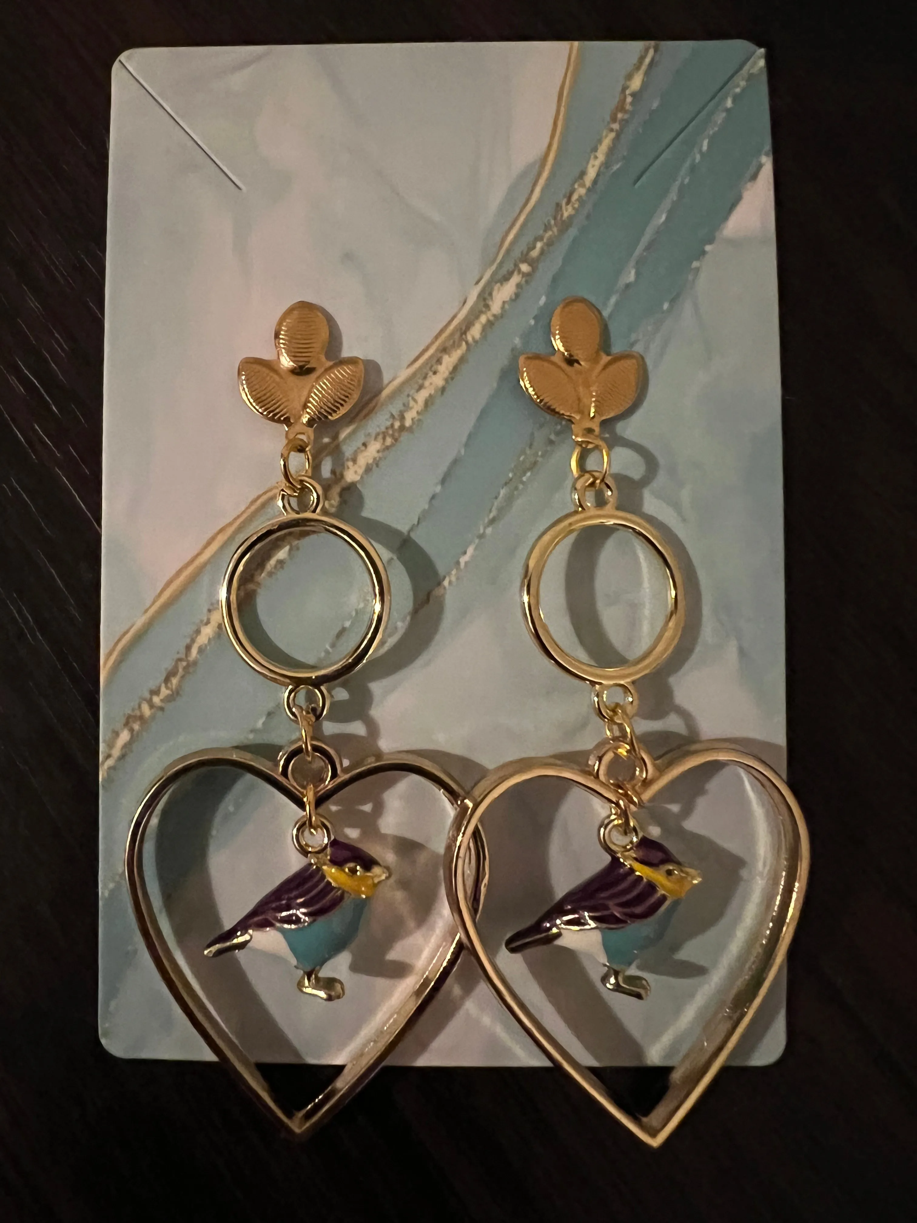 Bluebird Heart-Shaped Handmade Earrings in Gold Open Frame