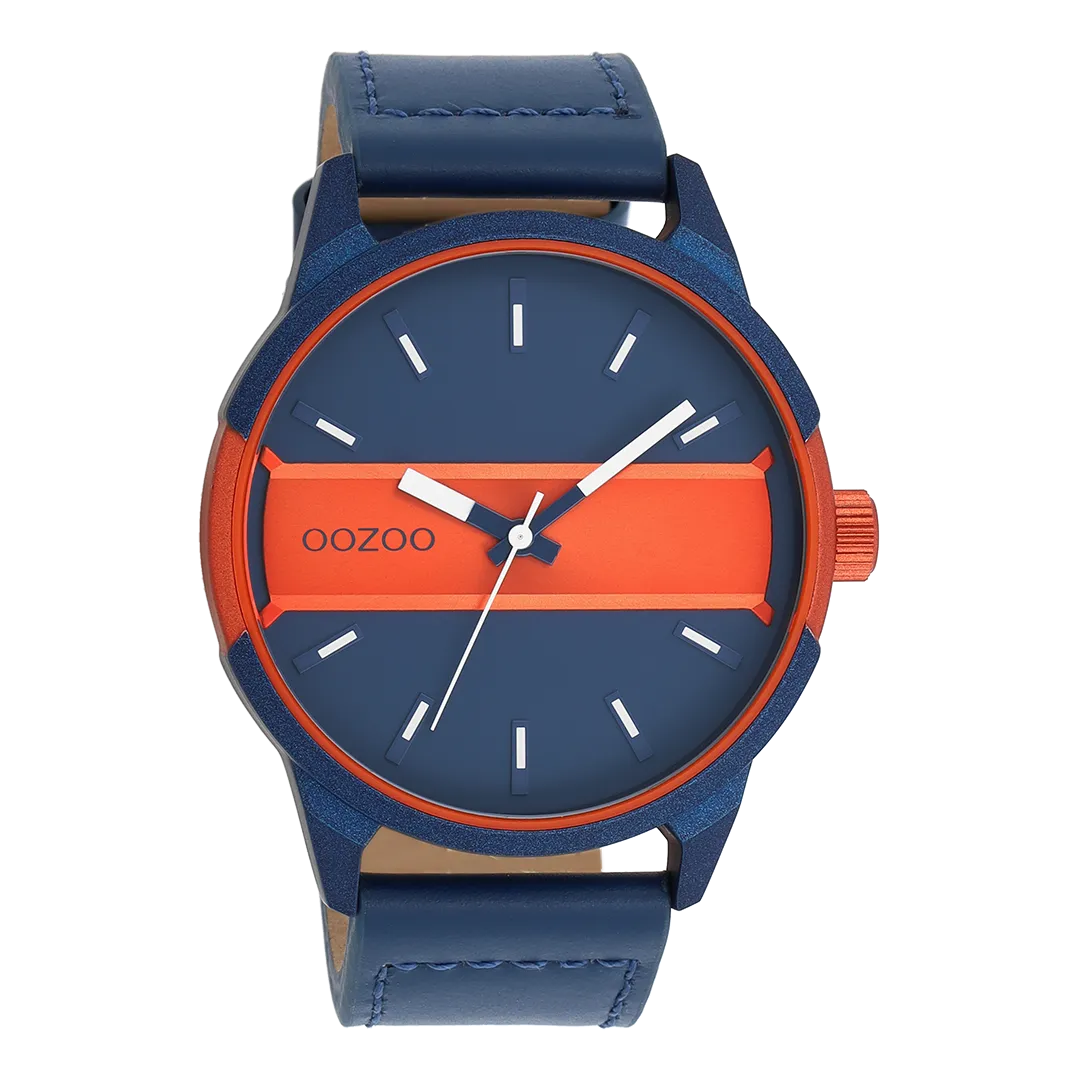 Blue/fluo orange OOZOO watch with blue leather strap - C11232