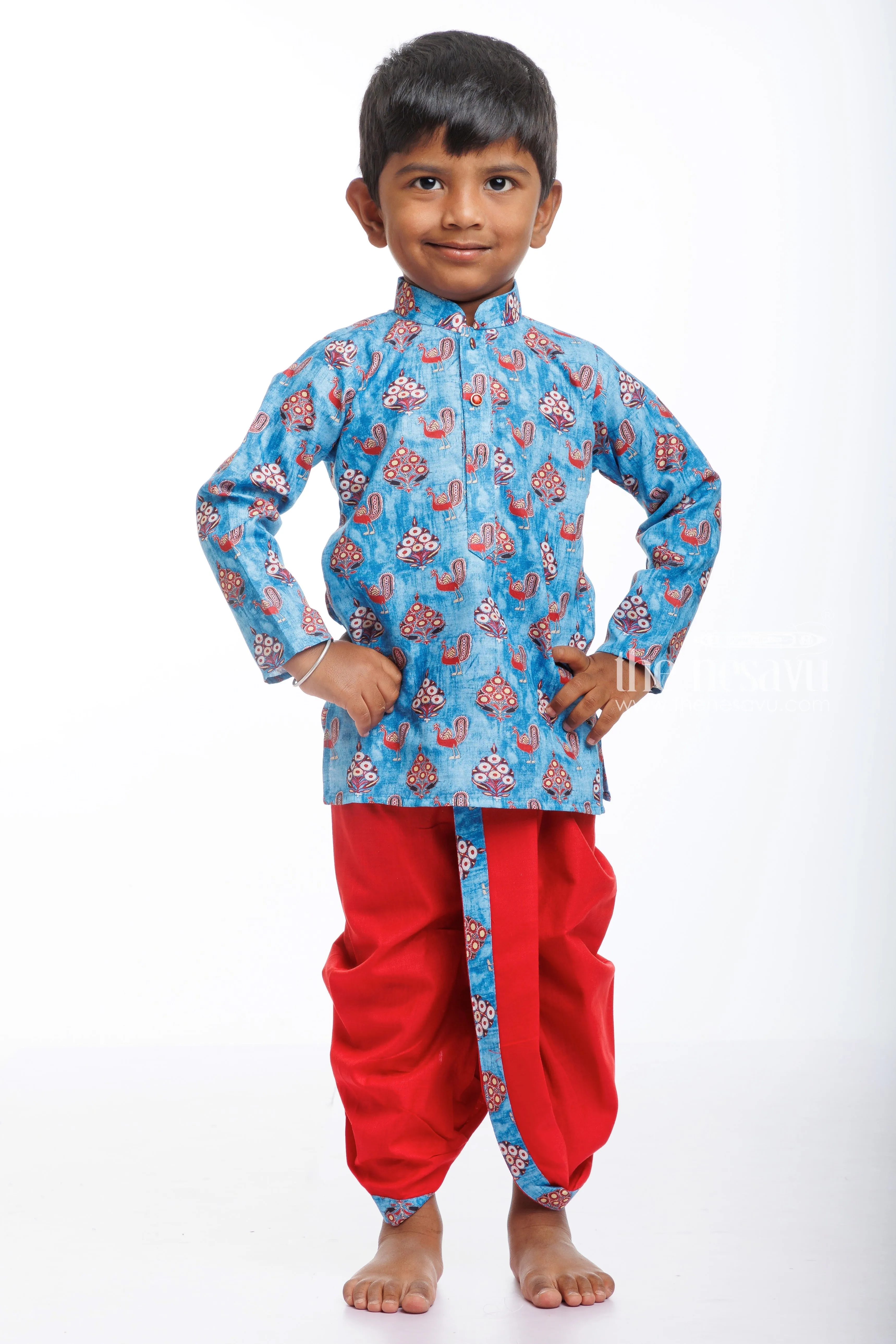 Boys Traditional Peacock Blue Kurta with Red Dhoti Set