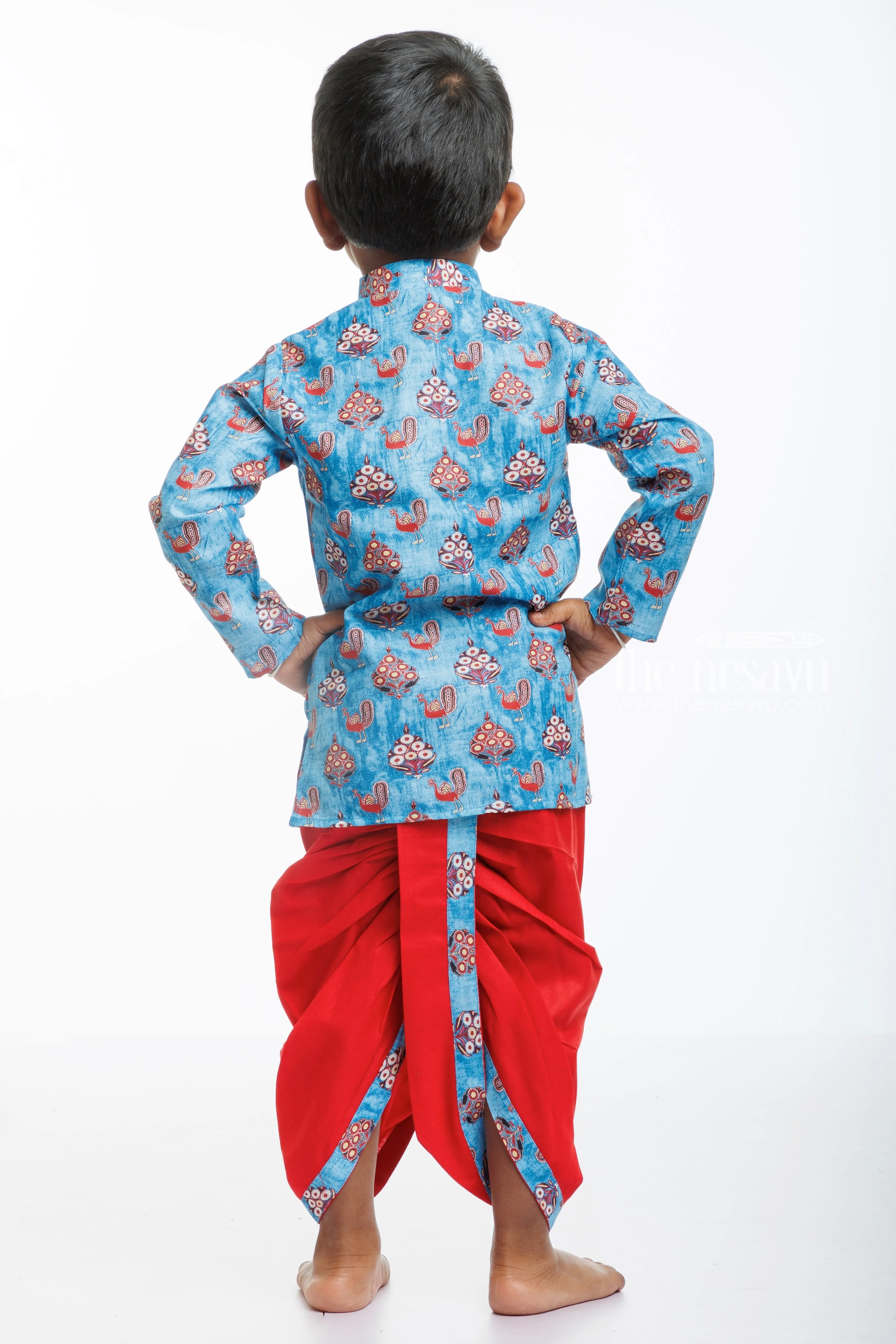 Boys Traditional Peacock Blue Kurta with Red Dhoti Set