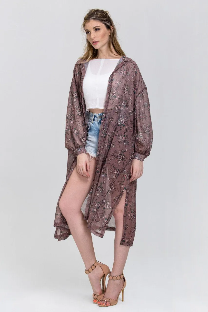 Brown Vintage Floral Print Sheer Shirt Robe Top