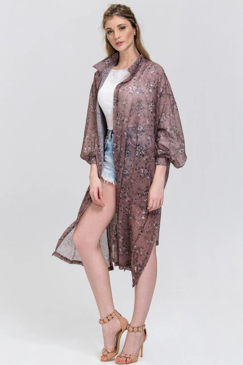 Brown Vintage Floral Print Sheer Shirt Robe Top