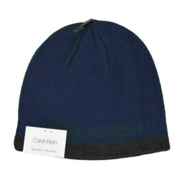 CALVIN KLEIN Men's Reversible Navy / Dark Gray Logo Beanie Winter Hat