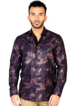 Camisa Casual Manga Larga Estampada Negro/Vino para Hombre 'El General' - ID: 43121