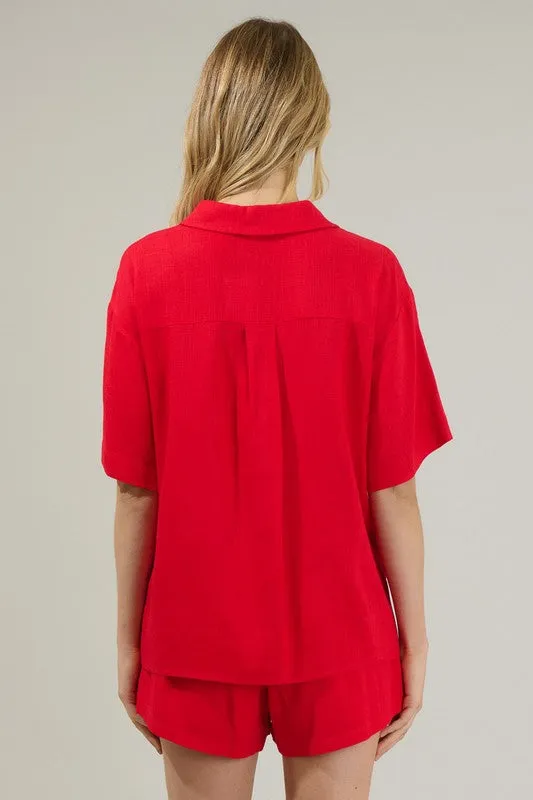 Cherry Red Short Sleeve Linen Shirt