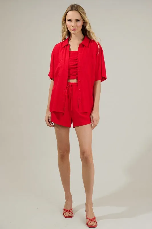 Cherry Red Short Sleeve Linen Shirt