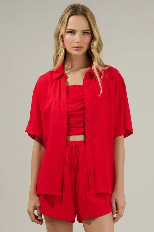 Cherry Red Short Sleeve Linen Shirt