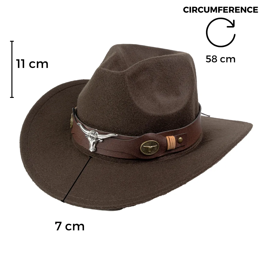 Chokore Pinched Cowboy Hat with Ox head Belt (Chocolate Brown)