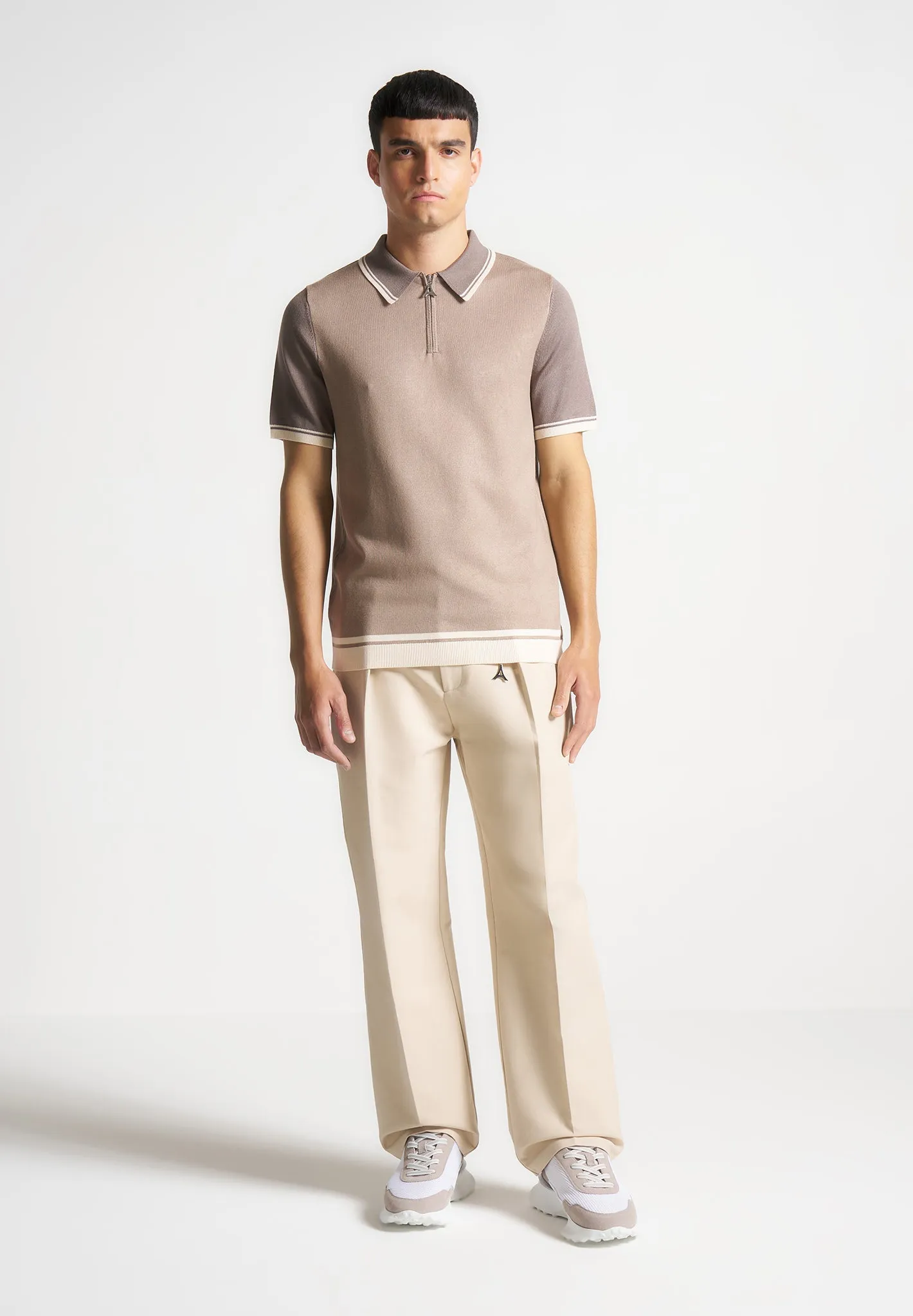 Colour Block Zip Polo Shirt - Taupe