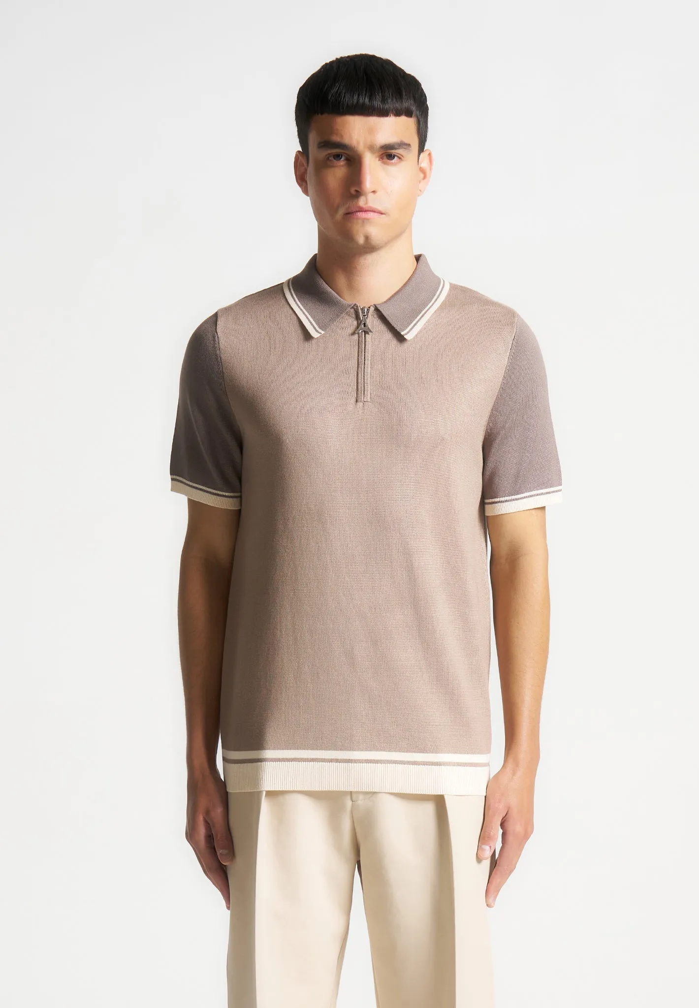 Colour Block Zip Polo Shirt - Taupe