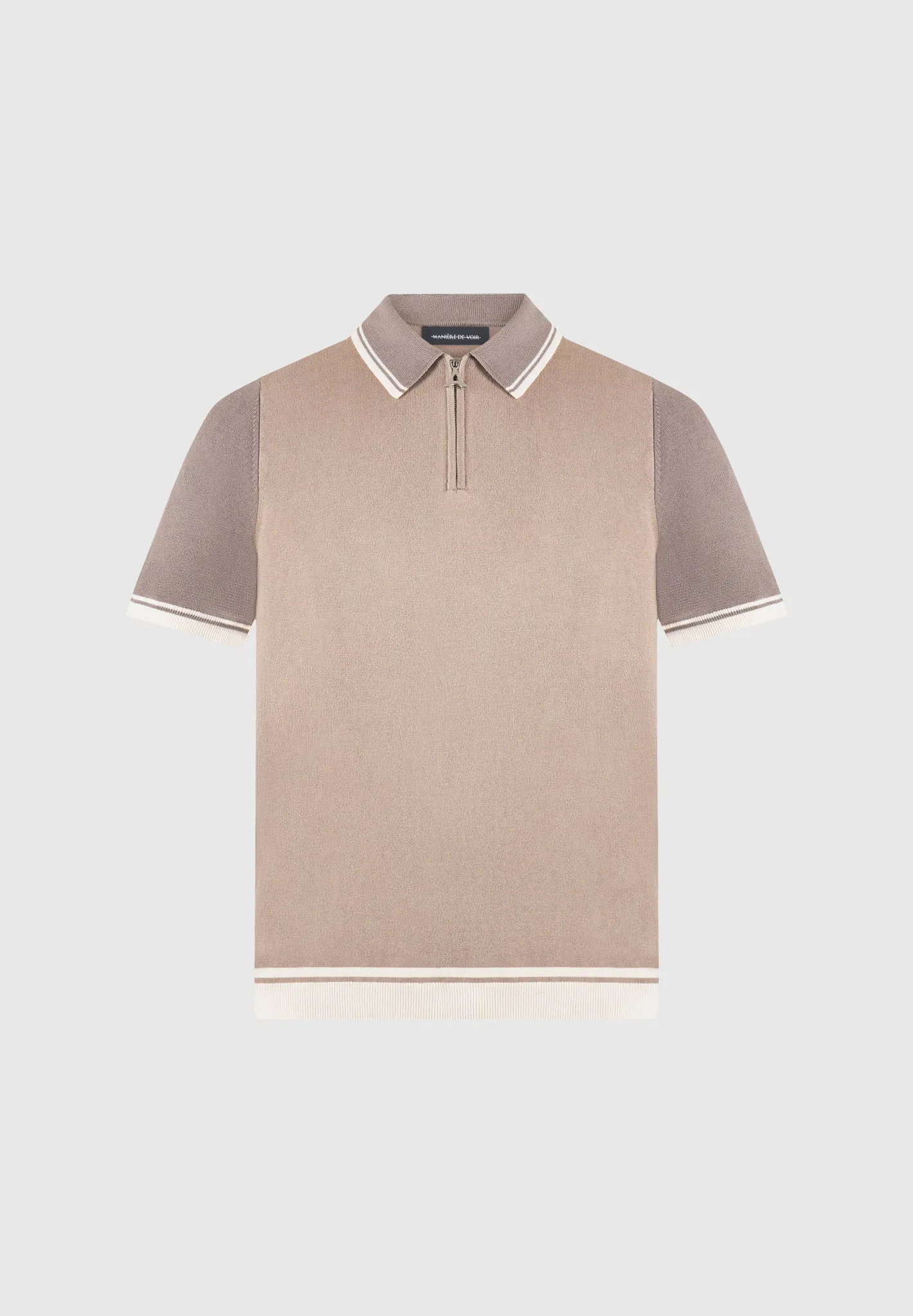 Colour Block Zip Polo Shirt - Taupe