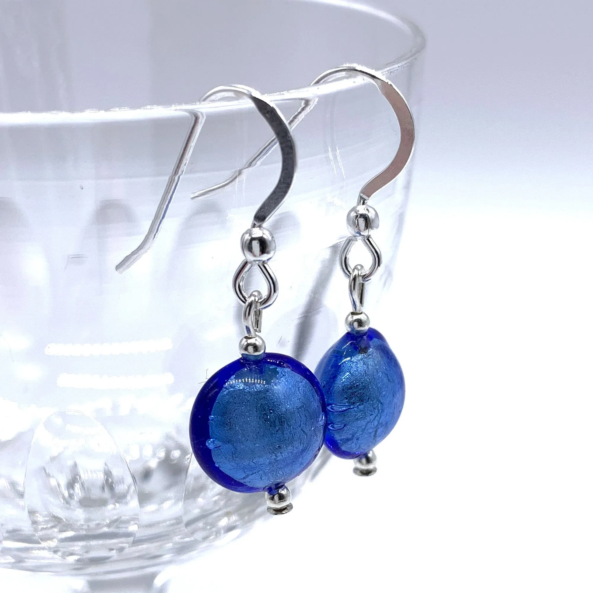 Earrings with cornflower blue Murano glass mini lentil drops on silver or gold hooks