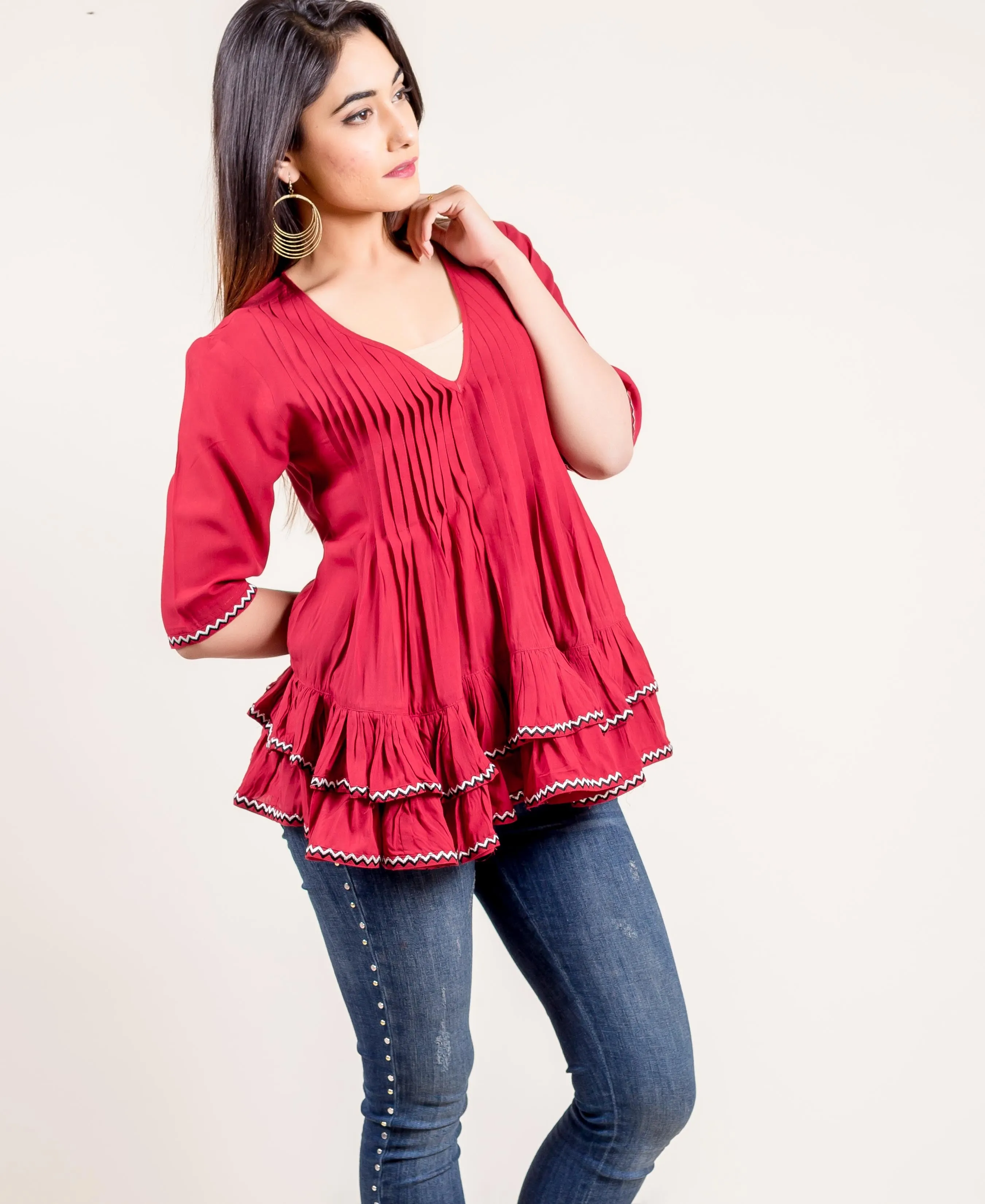 Embroidered Rayon Frilled Rust Top