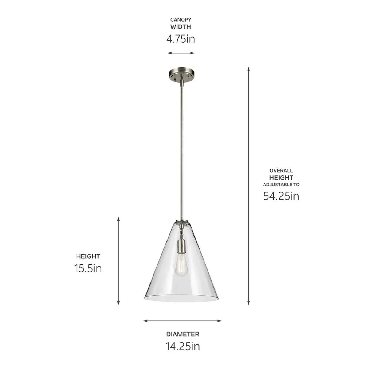 Everly 16" 1-Light Cone Pendant Light with Clear Glass, Brushed Nickel Finish