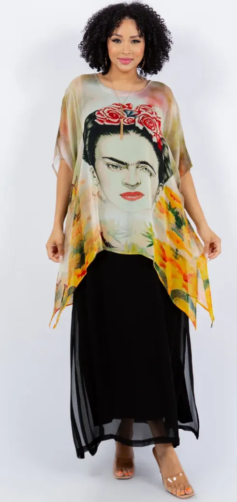 Frida Kahlo Our Artists Icon Oversize Tunic Top Lagenlook Boho Hippie Chic SML-6X 