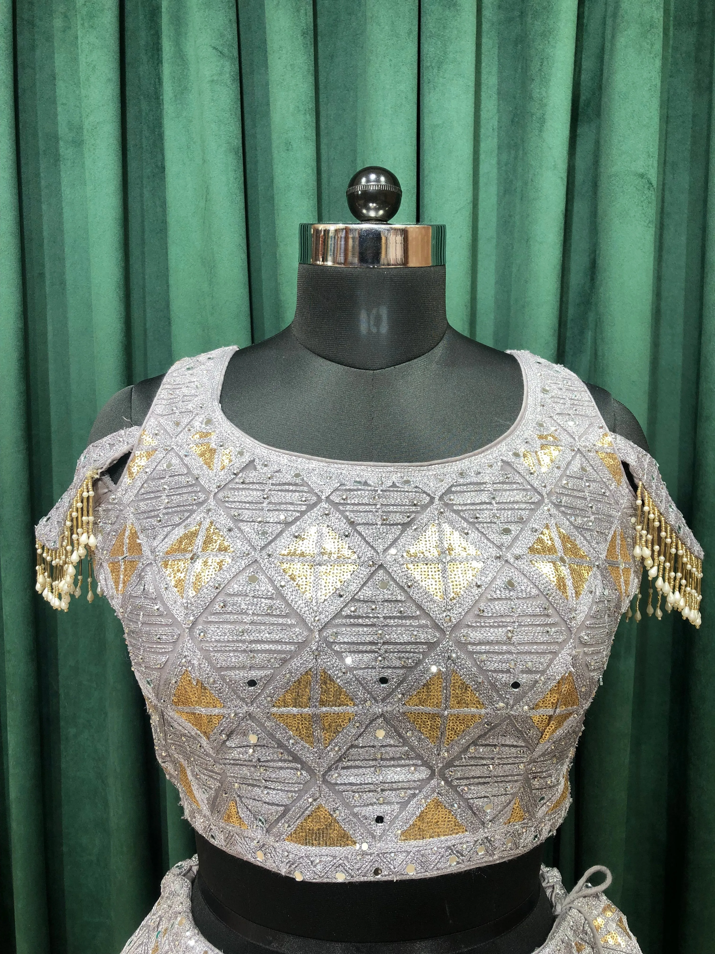 Gray Net Lehenga With Sliver Zari And Gold Sequence