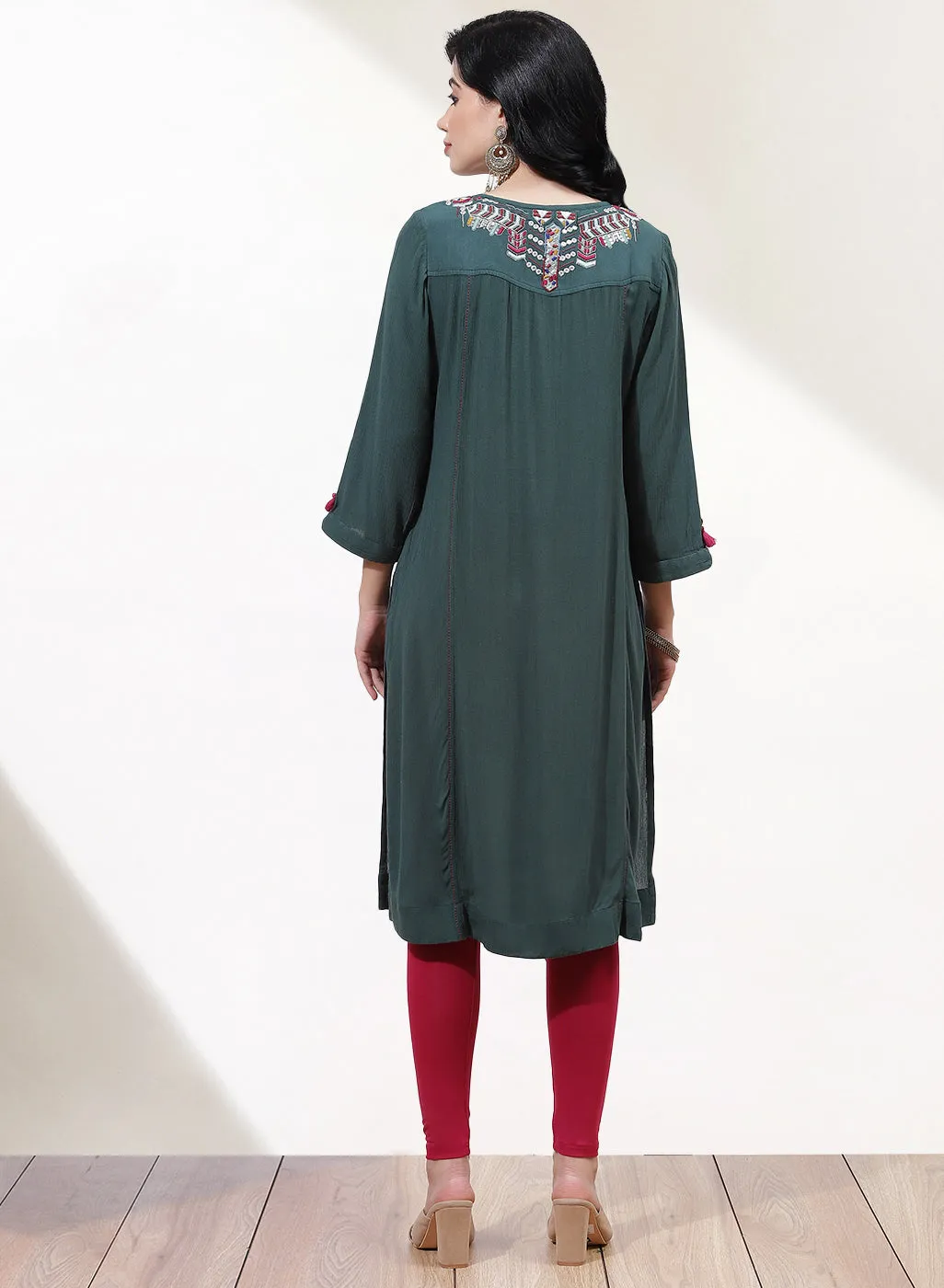 Green Alora Embroidered Kurti With Tassels