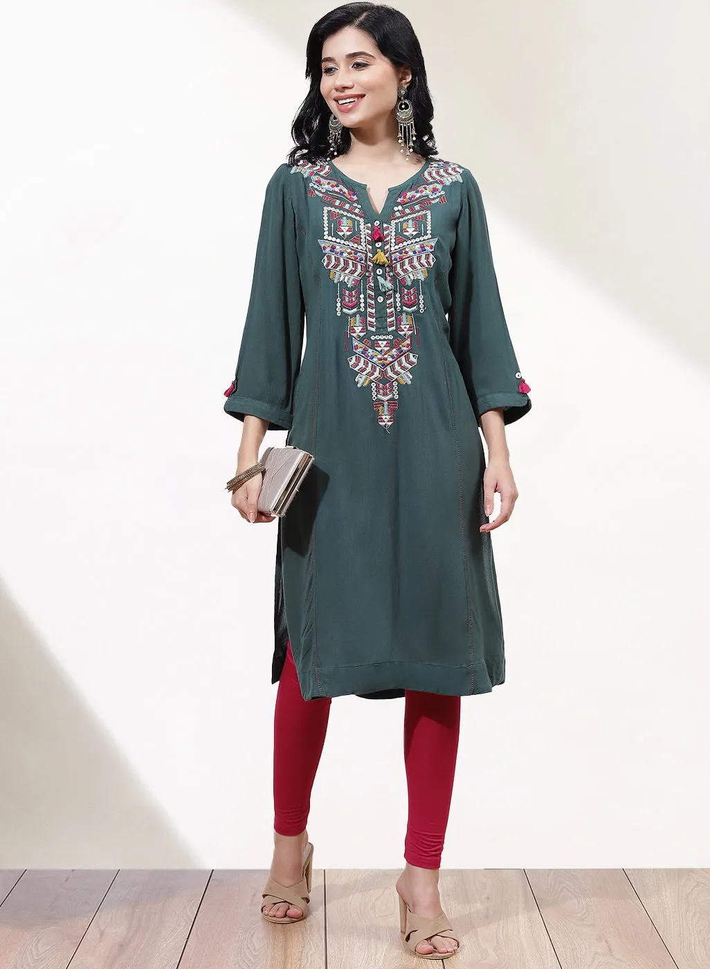 Green Alora Embroidered Kurti With Tassels