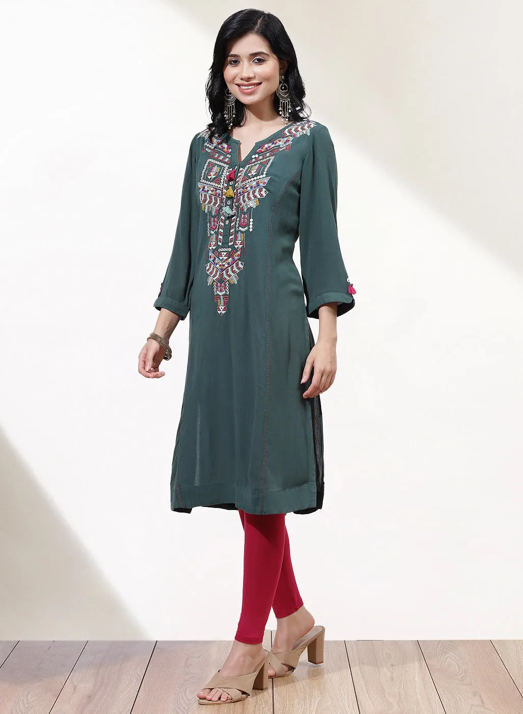 Green Alora Embroidered Kurti With Tassels