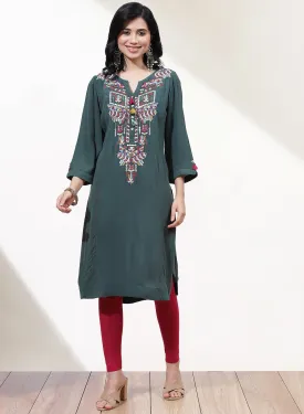 Green Alora Embroidered Kurti With Tassels