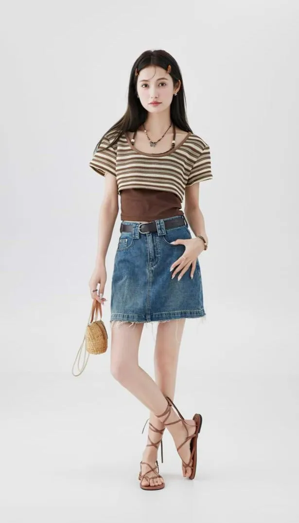 Halter Strap Camisole and Stripe Cropped Knit Top Two-Piece Set