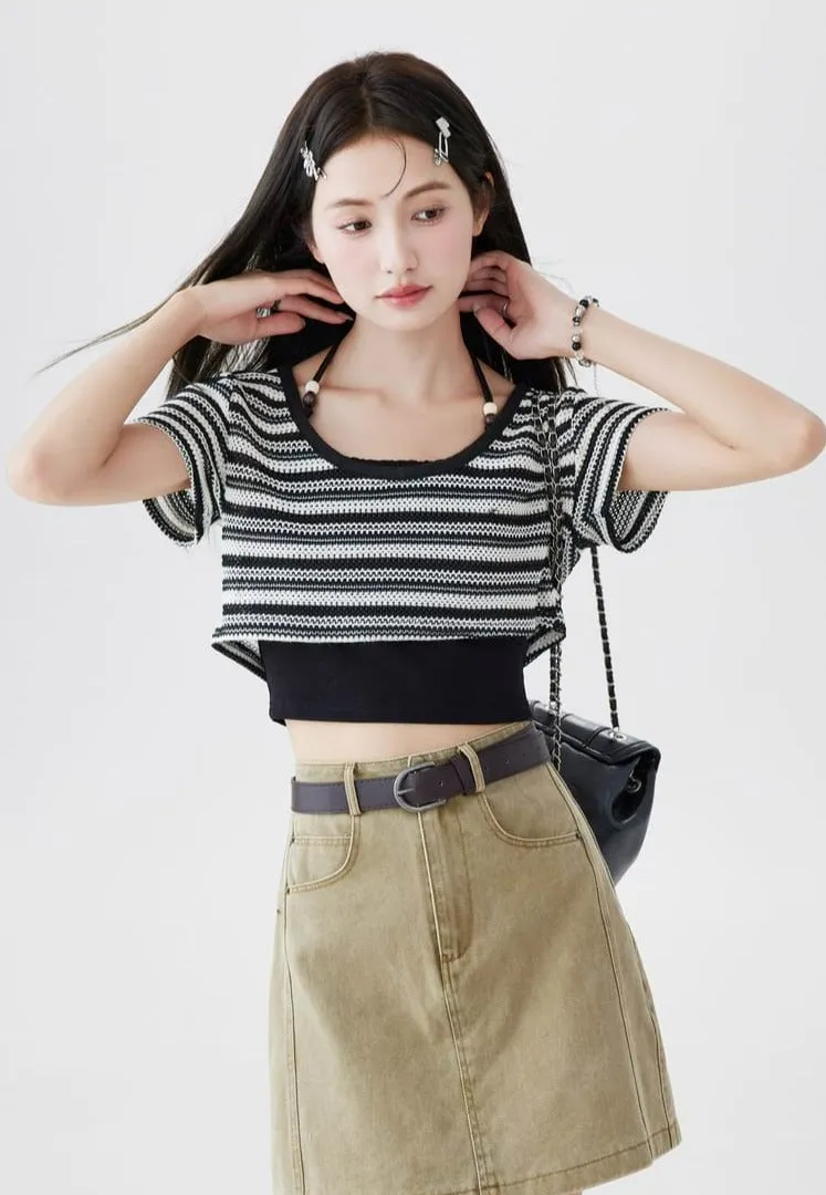 Halter Strap Camisole and Stripe Cropped Knit Top Two-Piece Set