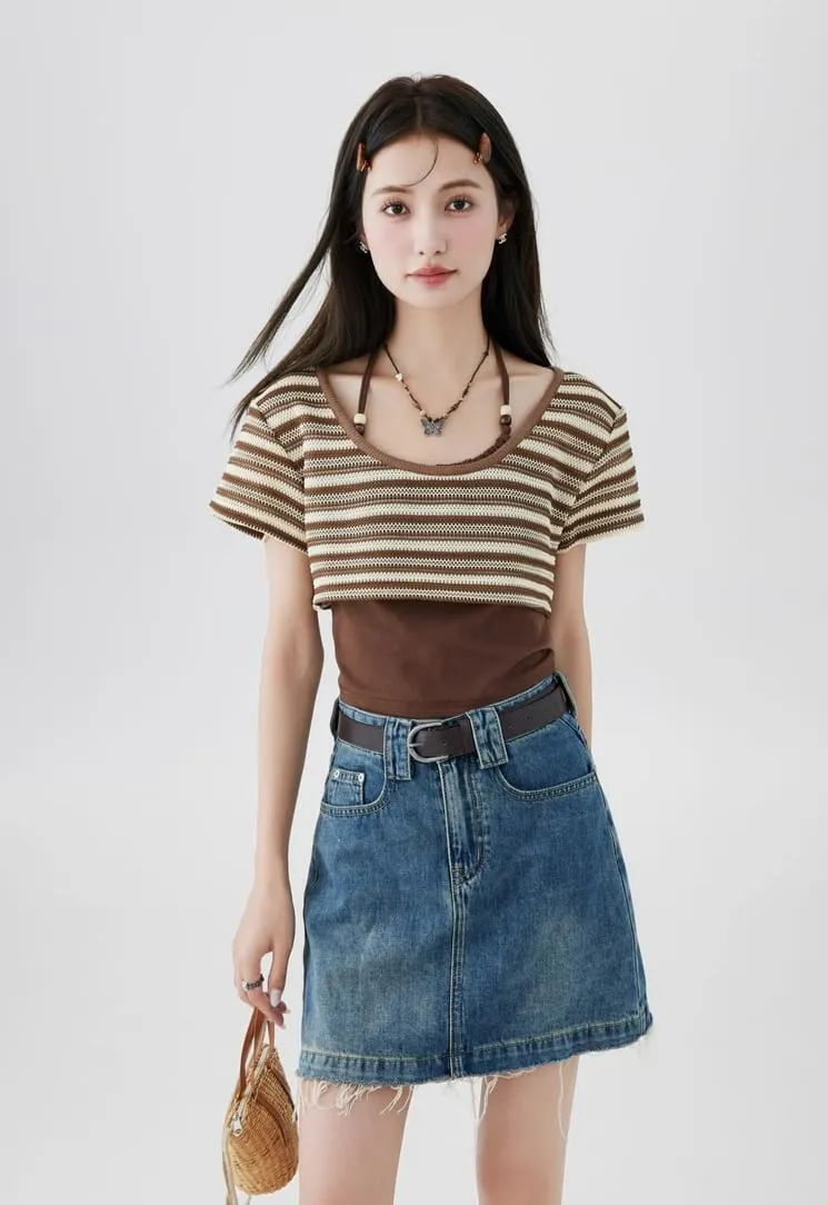 Halter Strap Camisole and Stripe Cropped Knit Top Two-Piece Set