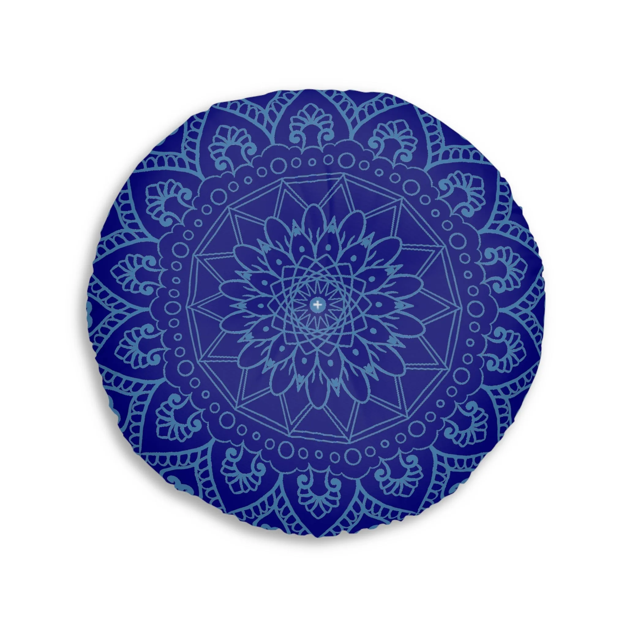 Handmade Mandala Art Floor Cushion - Steel Blue on Navy Blue - Round