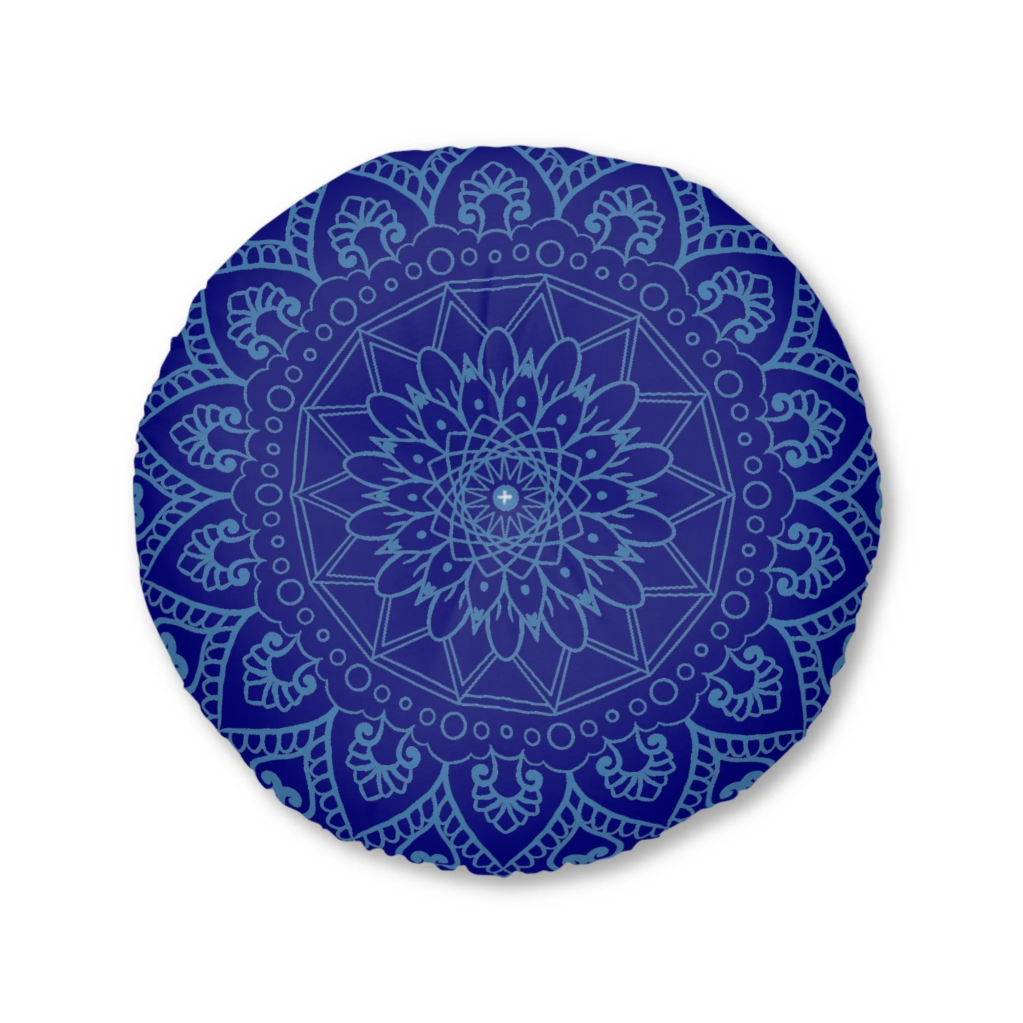 Handmade Mandala Art Floor Cushion - Steel Blue on Navy Blue - Round