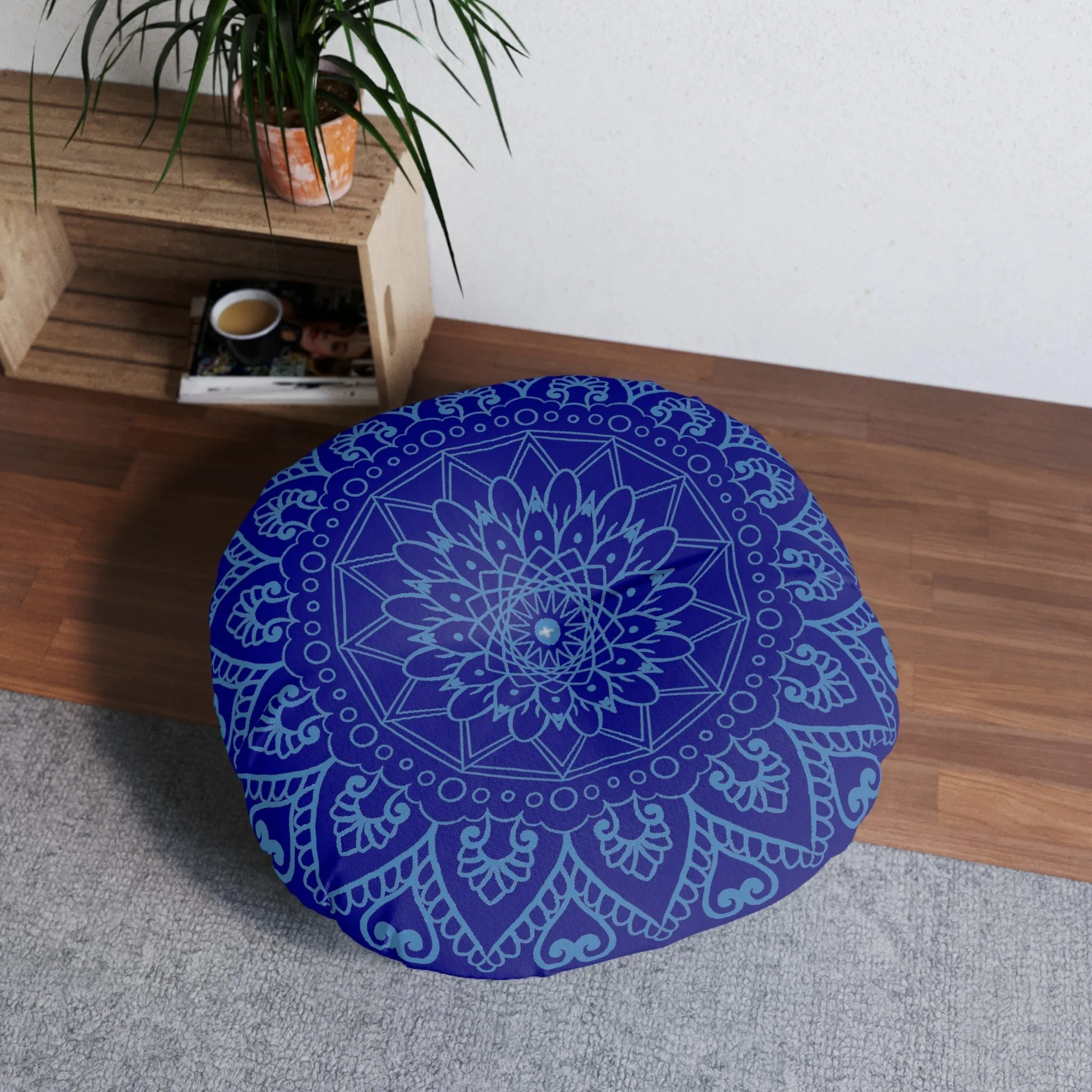 Handmade Mandala Art Floor Cushion - Steel Blue on Navy Blue - Round