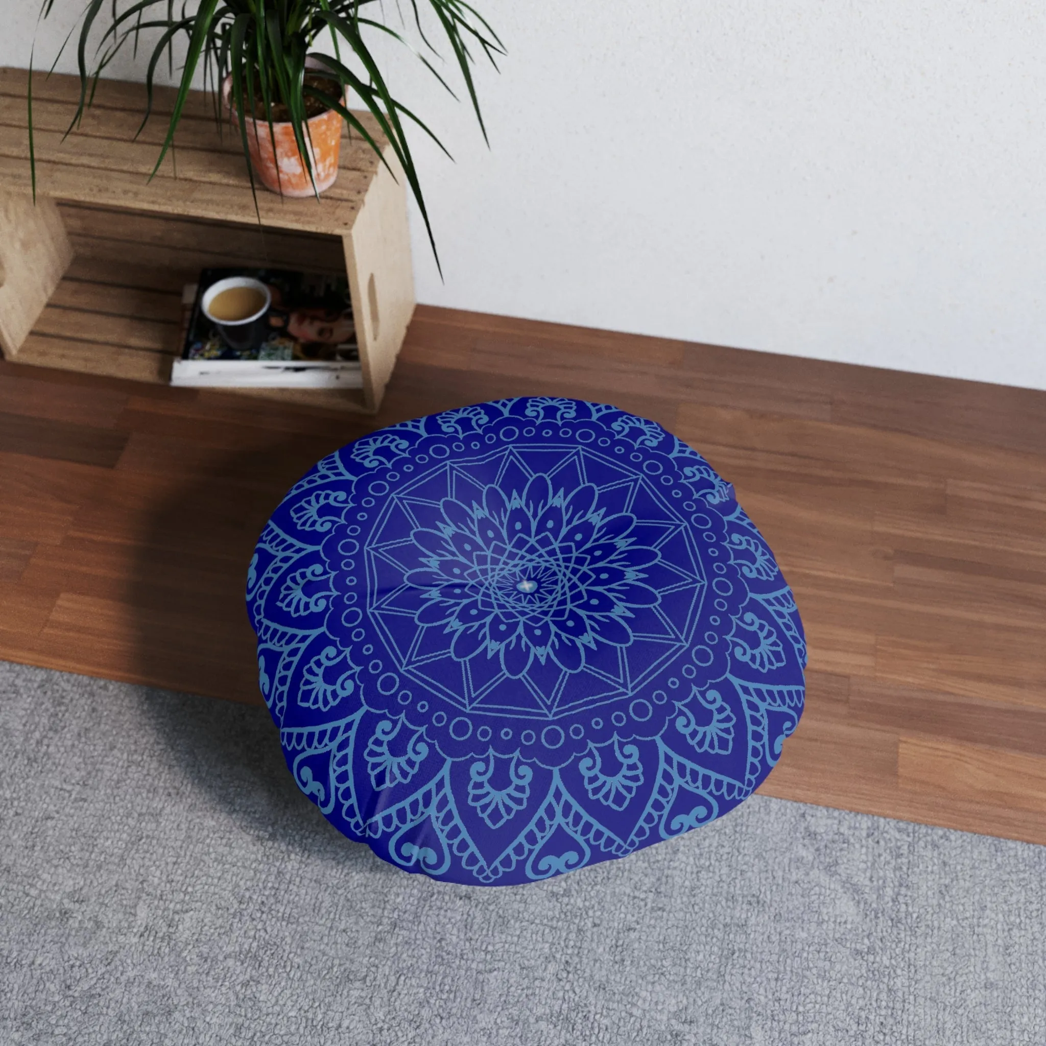 Handmade Mandala Art Floor Cushion - Steel Blue on Navy Blue - Round