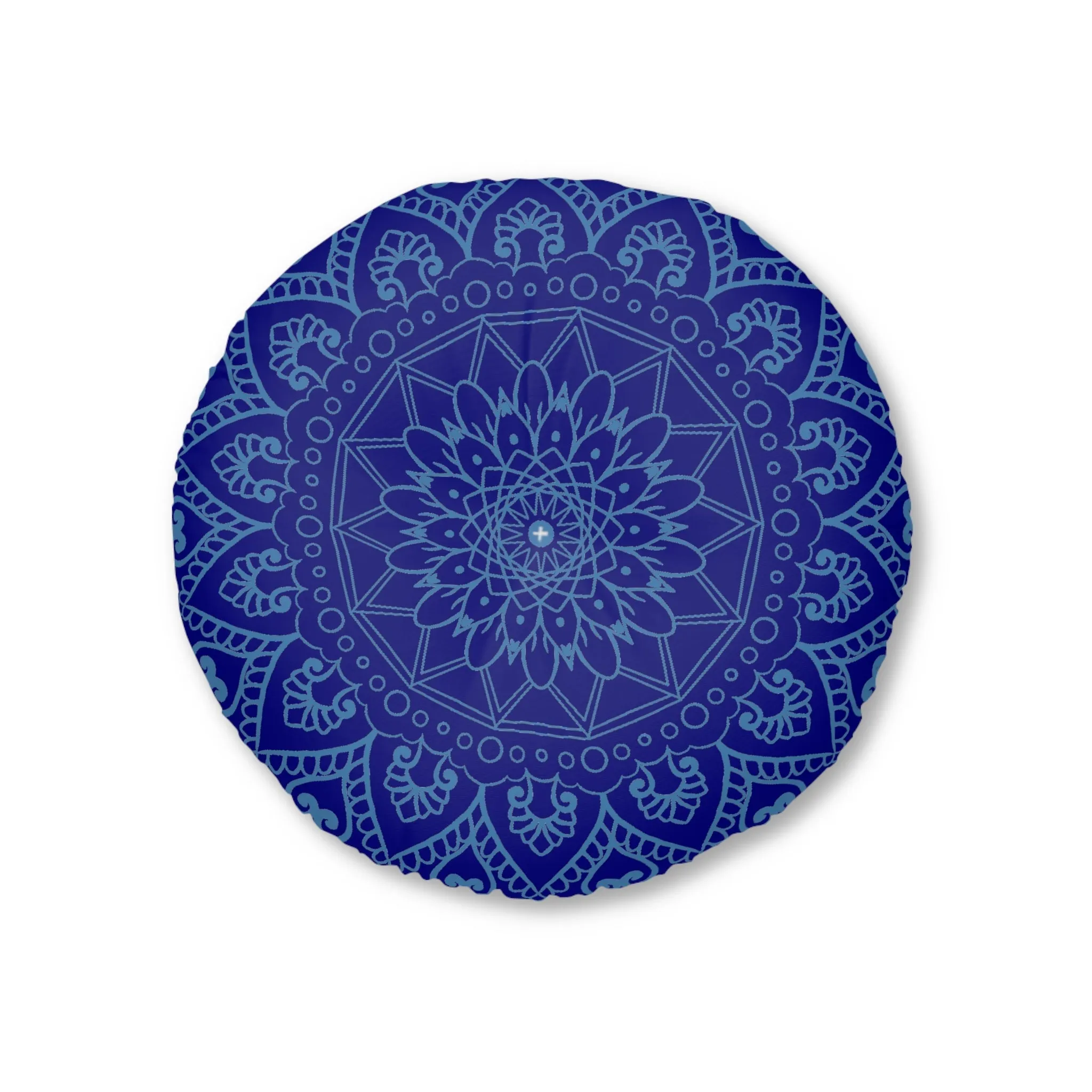 Handmade Mandala Art Floor Cushion - Steel Blue on Navy Blue - Round