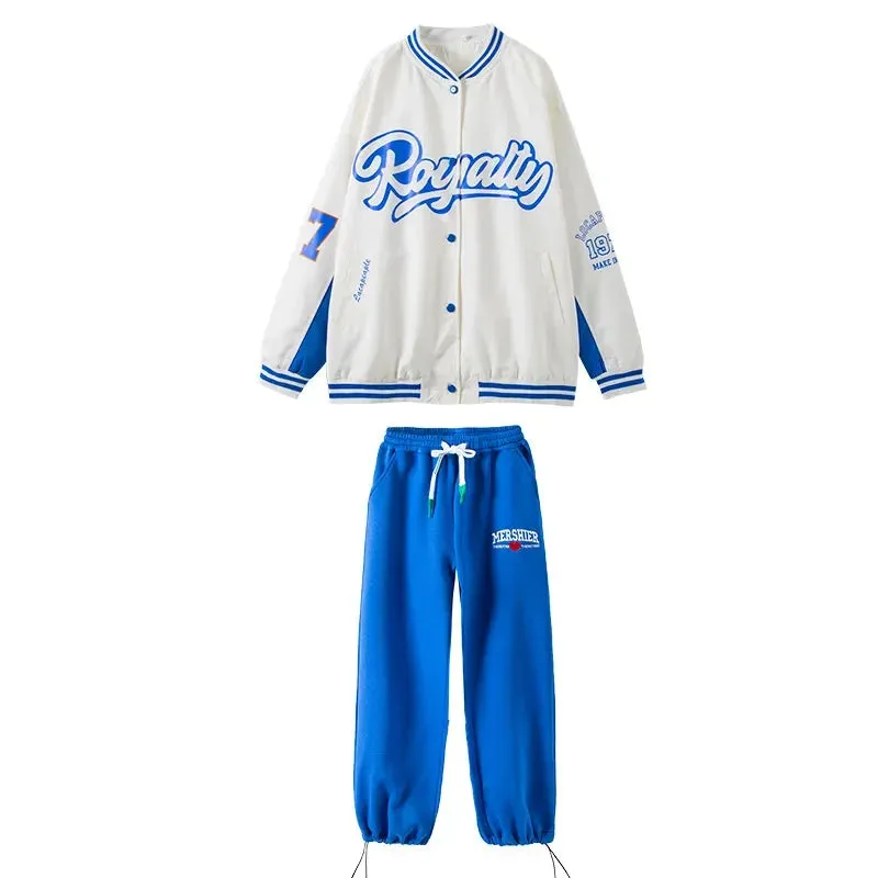 #HH07 Hip Hop Costume- White Blue 2 Tone Baseball Jacket -Loose Fit Street Jogger Pants for Girl or Boy